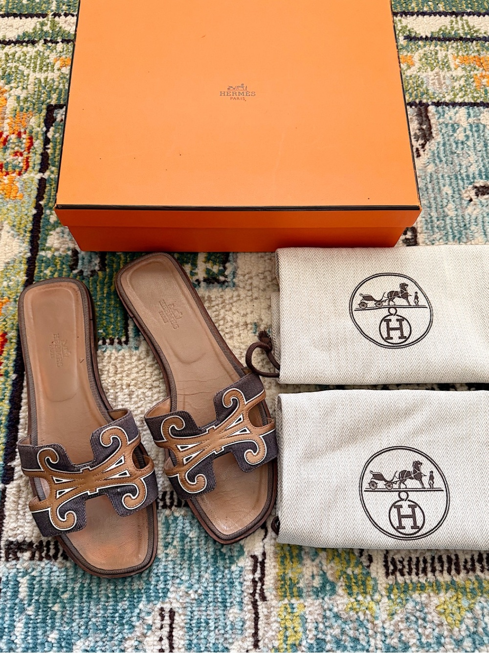 RARE Hermes oran denim H havana sandals slides brown 38.5